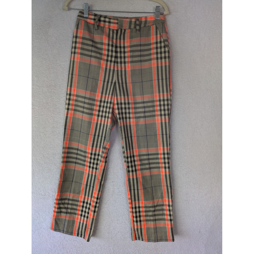 NEW Grey Lab Plaid Trousers Women's S Orange Neon Glen Check High Rise Cropped